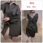 Guiruo Sexy Lapel Open Button Shirt 3D Bow Perspective Lace Pocket Decoration Homewear Nightwear 3447