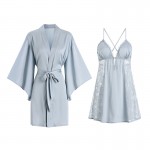 Guiruo Brand Sexy Pure Desire Nightwear Lace Solid Color Suspended Dress Lace up Morning Robe Outer Robe Home Suit Set 1690