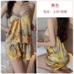 Guiruo Sexy Deep V Lace and Chest Mat Mesh Red Yellow War Robe Satin Suspender Shorts Two Pieces Home Suit 3761