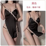 Guiruo Sexy Deep V Satin Lace Lace and Chest Cushion Double Split Strap Hollow out Temptation Home Sleeping Dress 1484