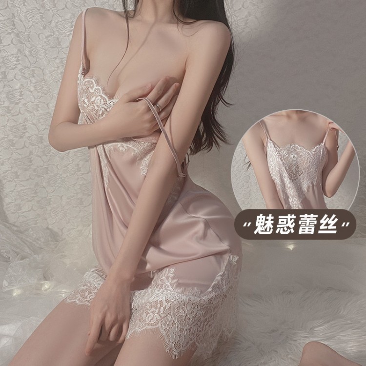 Guiruo Sexy Low cut Solid Lace Perspective Attractive Sweet Sleepwear Open Back Suspended Dress Home Suit Set 549