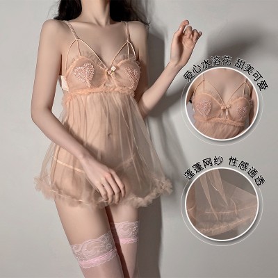 Guiruo Fun Lingerie Sexy Puffy Skirt Mesh Perspective Temptation Pajamas Sweet Love Sling Dress Set 1463