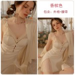 Guiruo Sexy Deep V Hollow Chest Cushion Lace Perspective Sweet Temptation Sleeping Dress Lace Up Outer Robe Home Set J3179