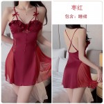 Guiruo Satin Combination Yarn Perspective Lace and Chest Cushion Low Chest Gathering Sleeping Dress Outer Robe Women's Home Furnishing Set 2227