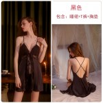 Guiruo Sexy Pajamas Lace V-neck Satin Open Back Women's European and American Summer Suspended Dress Home Suit Set 1042