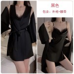 Guiruo Solid Satin Sexy High Split Stacked Collar Open Back Suspended Sleeping Dress Open Front Outer Robe Home Set 2063