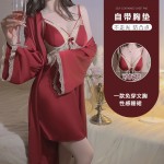 Guiruo Sexy Deep V Sweet Lace Satin Face with Breast Pads Pure Desire Split Sleeping Dress Outer Robe Home Furnishing Set 2726