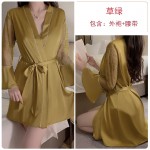 Guiruo Sexy Satin Lace Deep V with Chest Pads Cross Back Suspended Sleeping Dress Outer Robe Home Suit Set 1170