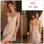 Guiruo Brand Sexy Comfortable Sling Sleeping Dress with Chest Pad Deep V Comfortable Outer Robe Lace Perspective Home Furnishing Set