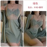 Ruo Ruo Sexy Lace Pure Desire Open Back with Chest Pads Gathered Ice Silk Pajamas Comfortable Outer Robe Home Suit Set 3124