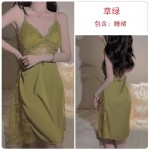 Guiruo Sexy Satin Lace Perspective Cross Back with Chest Cushion Pure Desire Sleeping Dress Outer Robe Home Suit Set 2744