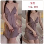 Guiruo Sexy Lace Perspective Attraction with Chest Pads Gathered Large Hanging Strap Sleeping Dress Outer Robe Home Suit Set 1690