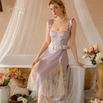 Guiruo Palace Style Satin Patch Lace and Chest Cushion Low cut Sexy Backless Luxury Home Sleeping Dress 3386