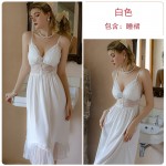 Guiruo Sexy Plus Chest Cushion Long Gathering Pajama Mesh Perspective Sling Dress Outer Robe Home Suit Set J3439