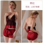 Guiruo Sexy Sweet Satin Lace Deep V Temptation Sling Top Shorts Comfortable Sleepwear Two Piece Set 19323