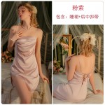 Guiruo Summer One Line Neck Pleated Sexy Split Open Back Lace up Temptation Women's Satin Nightgown Outrobe Set 3469