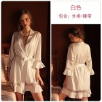 Guiruo brand satin patchwork ruffle edge nightgown tie up pajama bathrobe women's home clothing set issued on behalf of 699