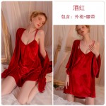 Guiruo Brand Sexy Solid Color Velvet Comfortable and Temptation Open Back Suspended Sleeping Dress Outer Robe Home Fur Set 2820