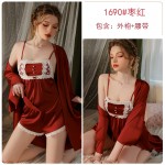 Guiruo Summer Satin Embroidery Lace Square Neck Pocket Style Suspender Shorts Sweet Outer Robe Home Suit Set 3486