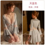 Guiruo Brand Sexy Deep V Breast Dew Attractive Cardigan Outer Robe Lace up Pajamas Women's Comfortable Home Suit Set 1713