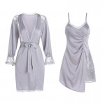 Guiruo Satin Lace Perspective Sexy Split with Chest Cushion Suspender Sleeping Dress Outrobe Women's Home Furnishing Set 3156