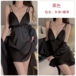 Ruo Ruo Satin Sweet Lace Deep V Open Back Drawstring Chest Support Gathering Sleeping Dress Outer Robe Women's Home Set 3210