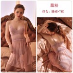 Guiruo Brand Spring and Summer New Women's Sexy Deep V Sexy Wave Dot Mesh Perspective Sling Sleeping Dress Home Suit 1003