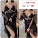 Guiruo Summer Sexy Open Back Ice Silk with Chest Cushion Suspended Sleeping Dress Simple Mesh Outer Robe Home Suit Set 3372