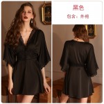 Guiruo Brand Sexy Hollow out Temptation Split Sling Sleeping Dress Outer Robe Solid Color Private Women's Home Furnishing Set 1388