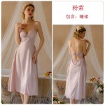 Guiruo satin surface with chest pad, spicy hollowed out waist, slim and elongated suspender nightgown, French home set J3283