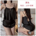 Guiruo Sexy Satin Hollow Lace Retro Plate Buckle Suspender Top Shorts Mesh Outer Robe Home Set 3383