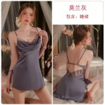 Guiruo Brand Sexy Deep V Lace Backless Solid Satin French Suspender Home Sleeping Dress Outrobe Set 2063