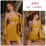 Guiruo Brand Sexy Satin Lace V-Neck with Chest Cushion Hollow Hanging Strap Sleeping Dress Outer Robe Home Suit Set 3431