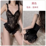 Guiruo Sexy Deep V Lace Mesh Perspective Passionate Hidden Buckle Opening Hot Women's One Piece Uniform Set 19671