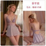 Guiruo Deep V Low cut Hollow Mesh Perspective Lace Hanging Sleeping Dress Comfortable Outer Robe Women's Home Suit Set 2697