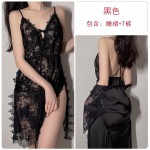 Guiruo Sexy Deep V Perspective Attractive Split Pajama Lace Up Hanging Pajama Dress Large Size Pajama Home Suit Set 311