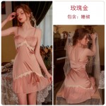 Guiruo Spring/Summer Sexy Chest Cushion Gathers Ice Silk Comfortable Sling Sleeping Dress Women's Lace up Outer Robe Home Suit Set 2419