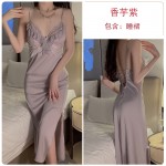 Guiruo Satin Lace and Chest Cushion Combination Sexy Backless Pure Desire Split Sleeping Dress Outer Robe Home Set J2970