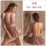 Guiruo Fun Underwear Sexy Open Back Sexy Hanging Neck Pajamas Mesh Perspective Nightwear Women's Home Furnishing Set 630