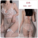 Guiruo Original Summer New Sexy Mesh Perspective Attractive Lace Sleepwear Deep V Sling Dress Home Suit 1196