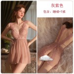 Guiruo brand sexy deep V low cut pajamas with open back suspender pajamas Comfortable solid color mesh home clothing set 725