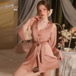 Guiruo Brand Sexy Deep V Lace Backless Solid Satin French Suspender Home Sleeping Dress Outrobe Set 2063