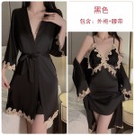 Guiruo Sexy Deep V Embroidery Lace Satin Sexy Open Back Pure Desire Sleeping Dress Loose Outer Robe Home Set 1203