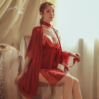 Guiruo Brand Sexy Long sleeved Nightgown Seduction Lace Suspended Nightgown Women's Home Furnishing Set One Piece Replacement 245