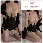 Guiruo Sexy Deep V Embroidery Flower Lace Satin Cross Back Lace Lace Sleeping Dress Outer Robe Home Suit Set 966