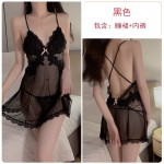 Guiruo Summer Refreshing Mesh Perspective Attractive Lace Splice Sexy Backless Pure Desire Sling Sleeping Dress Set 1899