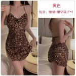 Guiruo Pure Lust Style Sexy Hanging Neck Lace up Hot Leopard Pattern Slim Fit Pleated Wrap Hip Skirt Split Home Sleeping Dress 3898