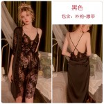 Guiruo Sexy Lace Side Slits Deep V Suspended Sleeping Dress Comfortable Outer Robe Large Women's Home Furnishing Set 311