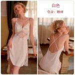 Guiruo Satin Perspective Lace Deep V with Chest Pads Sexy Open Back Suspended Sleeping Dress Outrobe Home Fur Set 2744