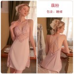 Guiruo Satin Perspective Lace Deep V with Chest Pads Sexy Open Back Suspended Sleeping Dress Outrobe Home Fur Set 2744